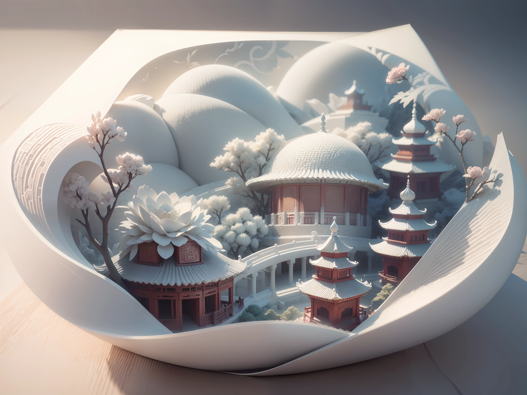 Relief blanc 3D, méticuleusement sculpté, sculpture en ivoire blanc, Illustration chinoise sur fond blanc, pastel, style chinois traditionnel, Peinture de paysage oriental, Embarcation multidimensionnelle de brouillard en papier, illustration de papier, vue super grand angle, rêve, 8k, Romantique, haute résolution, 8k