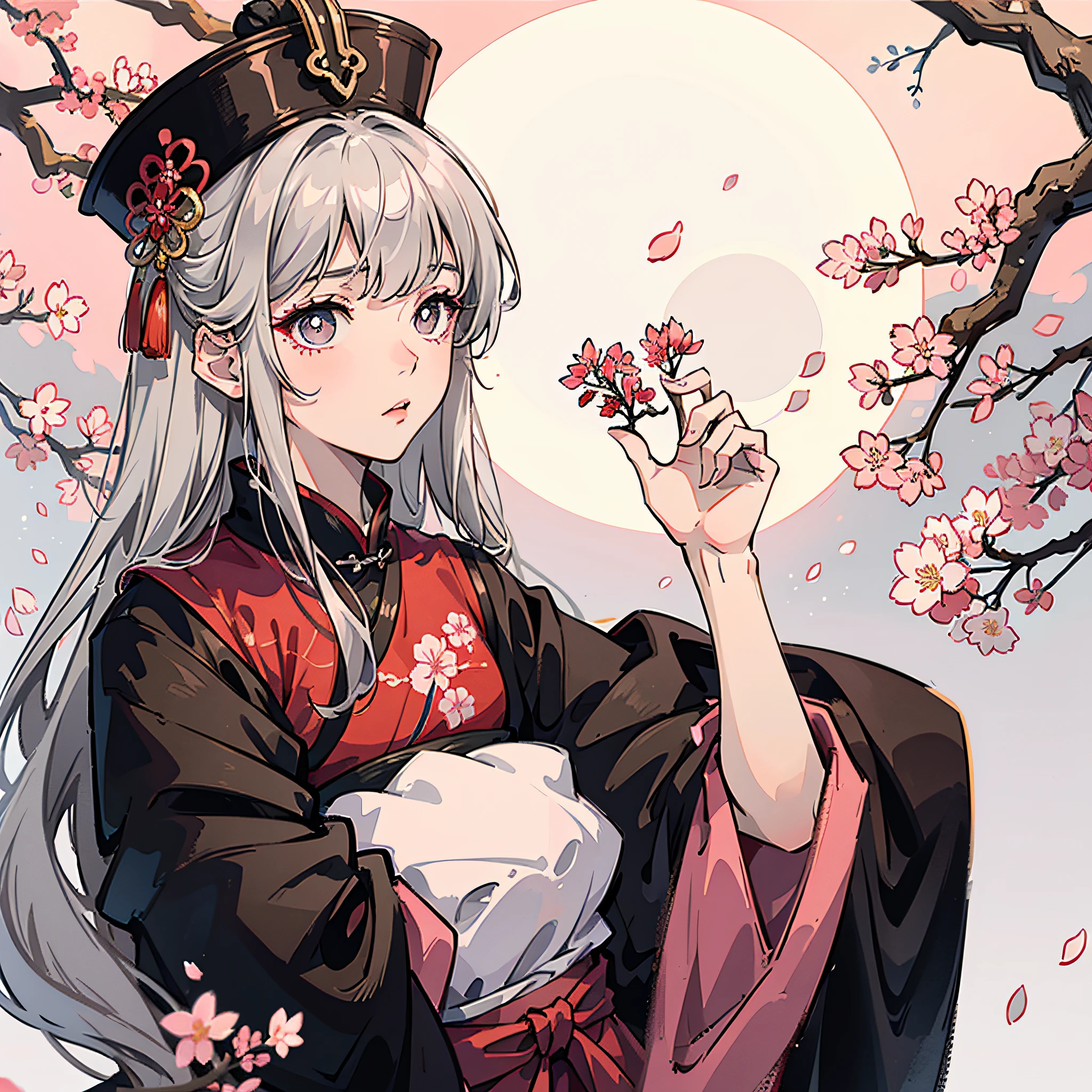 Anime girl in kimono outfit holding a flower in front of a full moon -  SeaArt AI