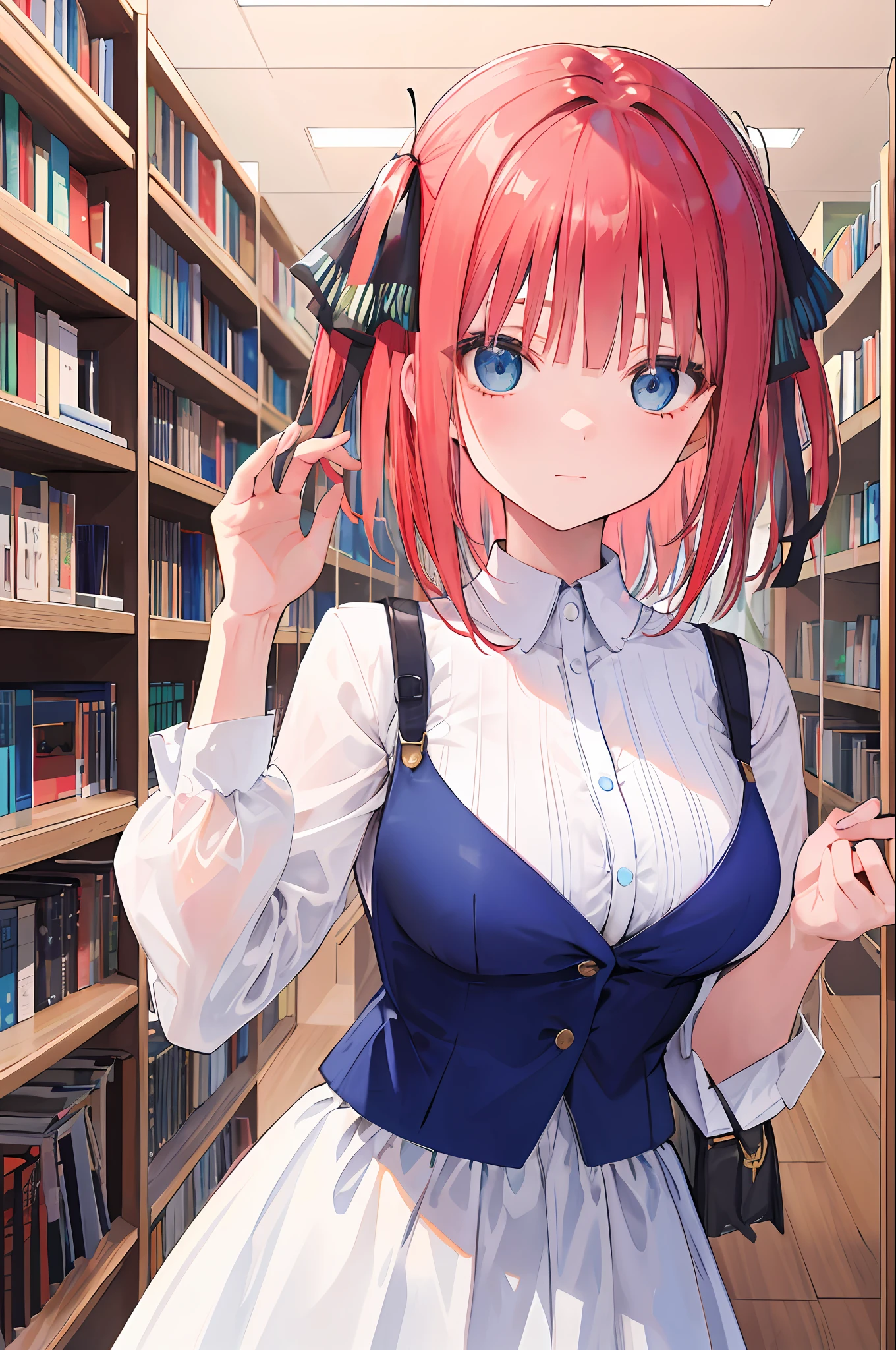 tmasterpiece， best qualtiy， highr， red tinted hair， blue color eyes,Jino Nakano，short whithair，large full breasts，White Dress，library, shining eyes