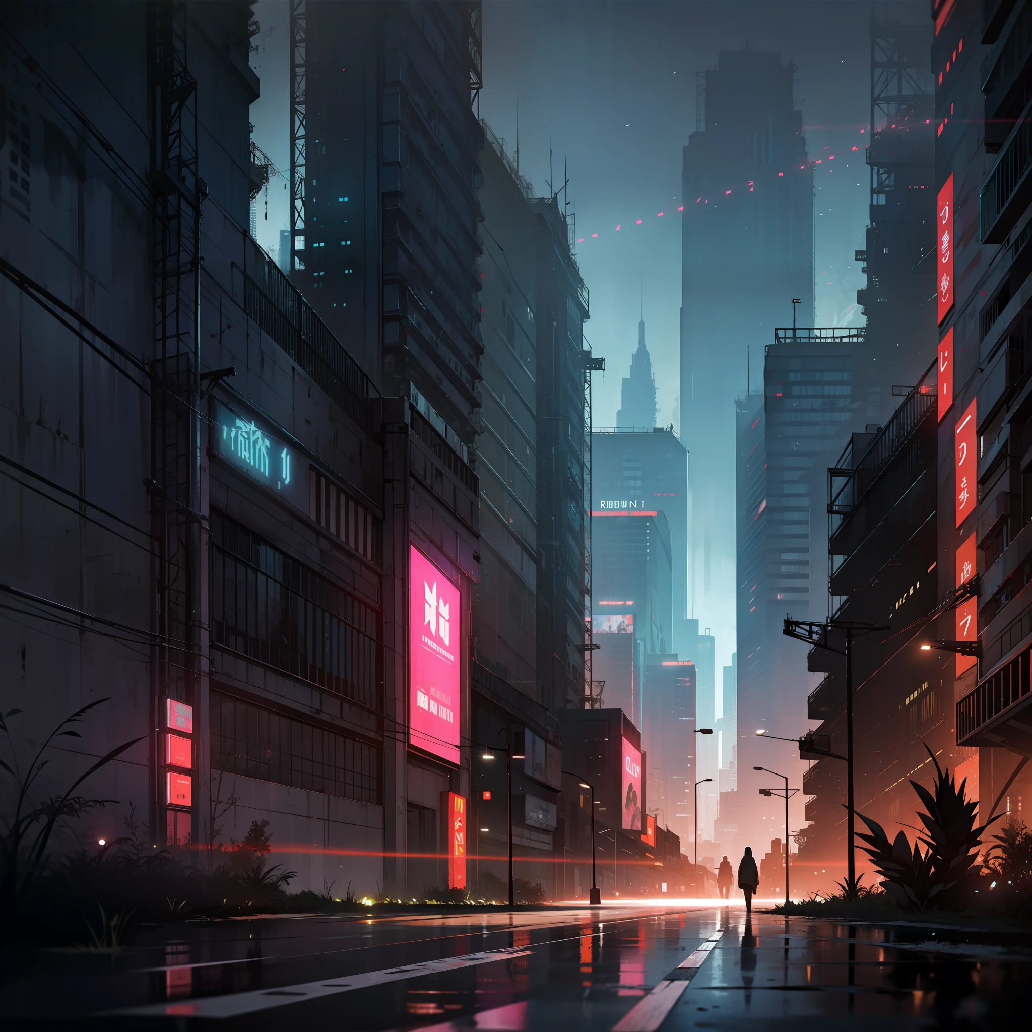 cidade cyberpunk, noite, constructions, letreiros em neon, luzes neon, cidade, paisagem urbana, desolation, sem pessoas na cena, nenhuma pessoa, rua deserta, riqueza de detalhes, com texturas.