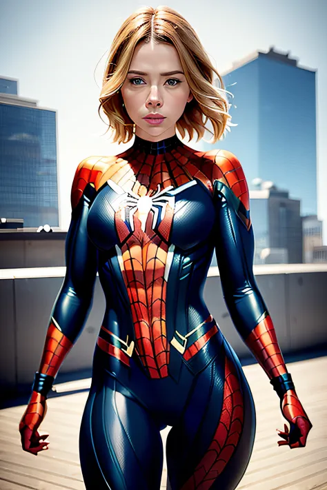 beautiful photo of scarlett johanssen, wearing a spideman costume, A stunning intricate full color photo of (sks woman:1), epic ...