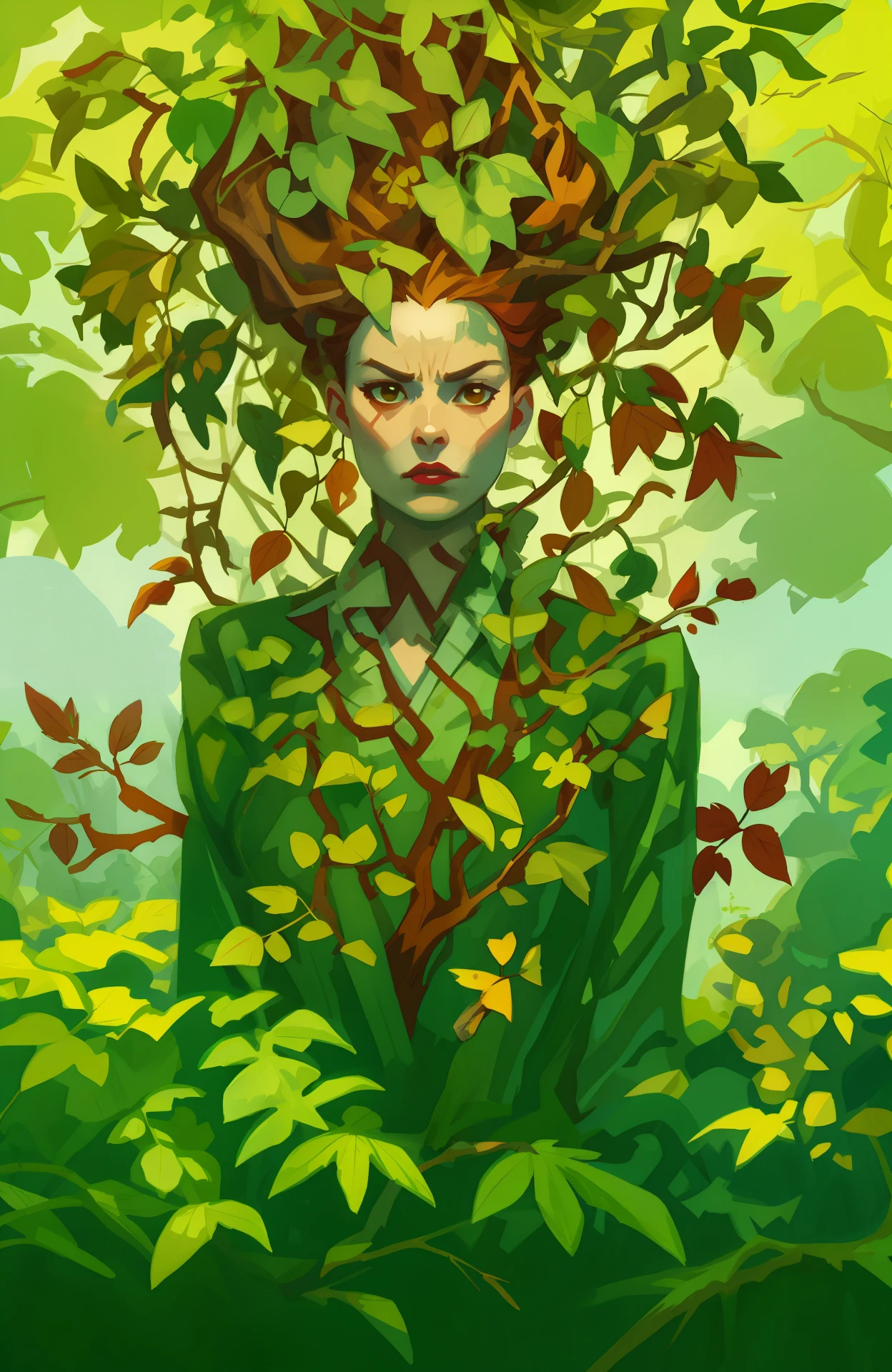 gouache painting portrait of a woman with furious face expression:1.5, full body:1.5, standing, high quality portrait, aesthetic portrait, poison ivy, envolved in roots, branches and foliage, solo:1.5, realistic natural skin, professional retouch, beautiful highly symmetric, misterious ambience, in RootsBranchesAI style, Zaum, background with leaves and branches