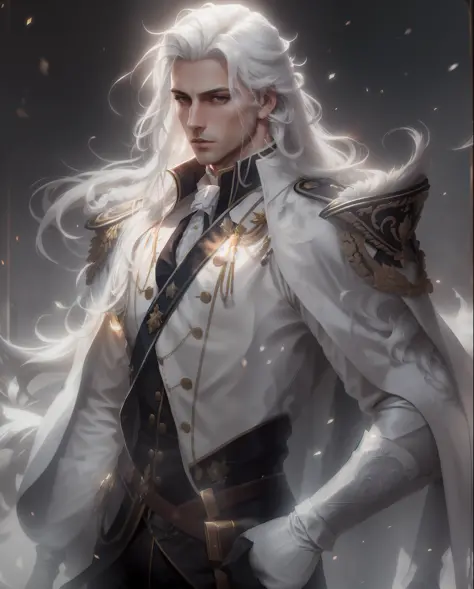 masterpiece, best quality, absurdres, 1man, male focus, shirt, solo, long white hair, (handsome detailed face), royal uniform, white gloves, black pants, thigh high boots, long hair, 8k resolution covered navel, full lips, perfect anatomy, cinematic lighti...