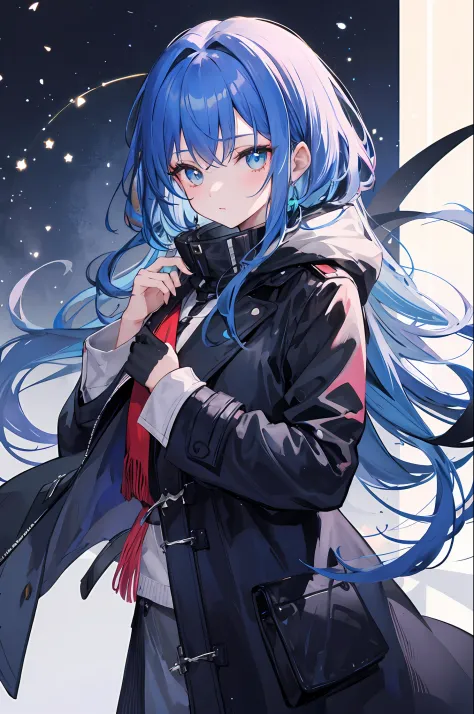 1girl，blue hairs，Sateen，coat large，Hold a double-edged one