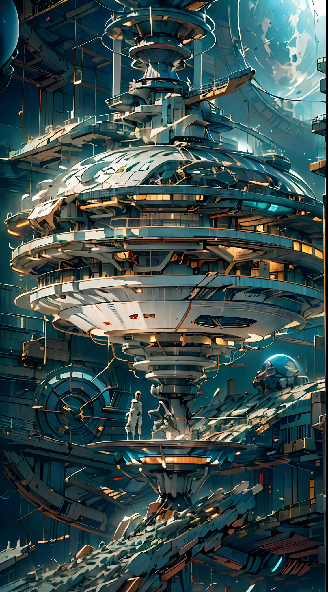 Una representación cautivadora de una estación espacial flotando en la vasta extensión del universo., (impresionante telón de fondo cósmico), (diseño detallado de la nave espacial), (Representación realista), (escala y proporciones impresionantes), (arquitectura futurista), (atención a la precisión científica), (Detalles mecánicos intrincados), (efectos de iluminación inmersivos), (impresionante sensación de inmensidad), tendencia en artstation, (tendencia en CGSociety), (mostrando las maravillas de la exploración espacial), (evoca una sensación de avance tecnológico), (entorno espacial muy detallado), (Atención impresionante a la textura y los materiales.), (Representación de astronautas o vida extraterrestre.), (Transmite una sensación de tranquilidad y asombro.), (Capturando la belleza y los misterios del cosmos.), (representación hábil de profundidad y perspectiva),vórtice, (Enorme fortaleza:1.5）