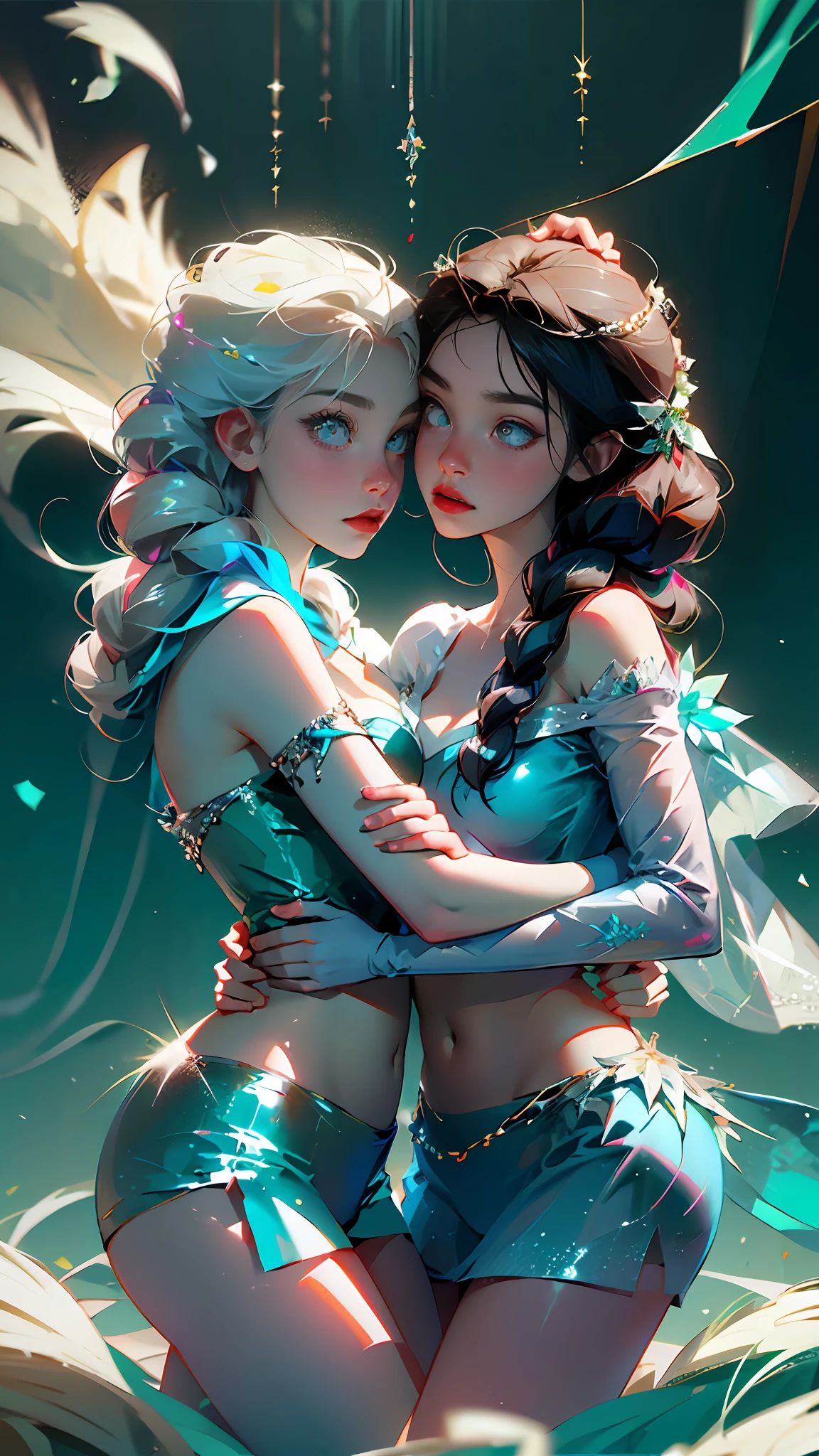 Two women in blue outfits hugging each other in a field（elsa (frozen)) -  SeaArt AI