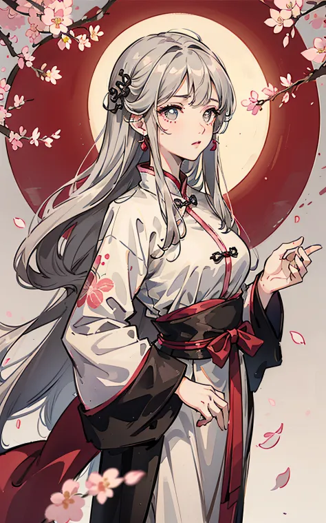 Masterpiece, Best quality, Night, full moon, 1 girl, Mature woman, Chinese style, Ancient China, sister, Royal Sister, Cold expression, Expressionless face, Silver white long haired woman, Light pink lips, calm, intelligence, tribelt, Gray pupils, Cherry b...