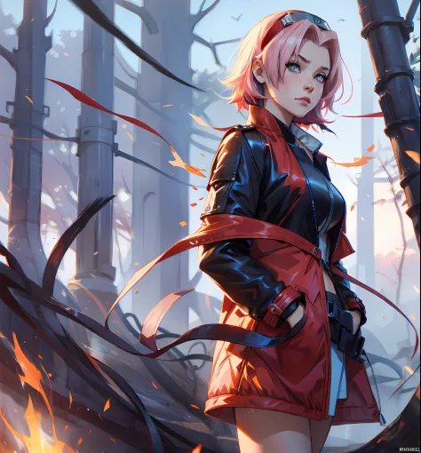 Sakura haruno, ((solo)), alone, ((forehead the show)), elegant, red coat, pink hair, delicate, young, short hair, detailed face,...