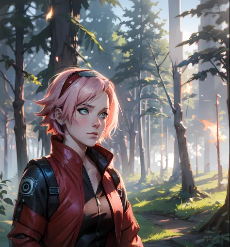 Sakura haruno, ((solo)), alone, ((forehead the show)), elegant, red coat, pink hair, delicate, young, short hair, detailed face,...