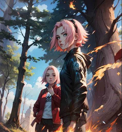 Sakura haruno, ((solo)), alone, ((forehead the show)), elegant, red coat, pink hair, delicate, young, short hair, detailed face,...