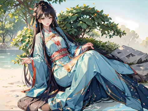 Best quality at best，Complicated details，A high resolution，（beautiful detailed  water：1.4），（Hanfu，Tang Feng），Brown eyes，silver-white long hair，Very long hair，Bigchest