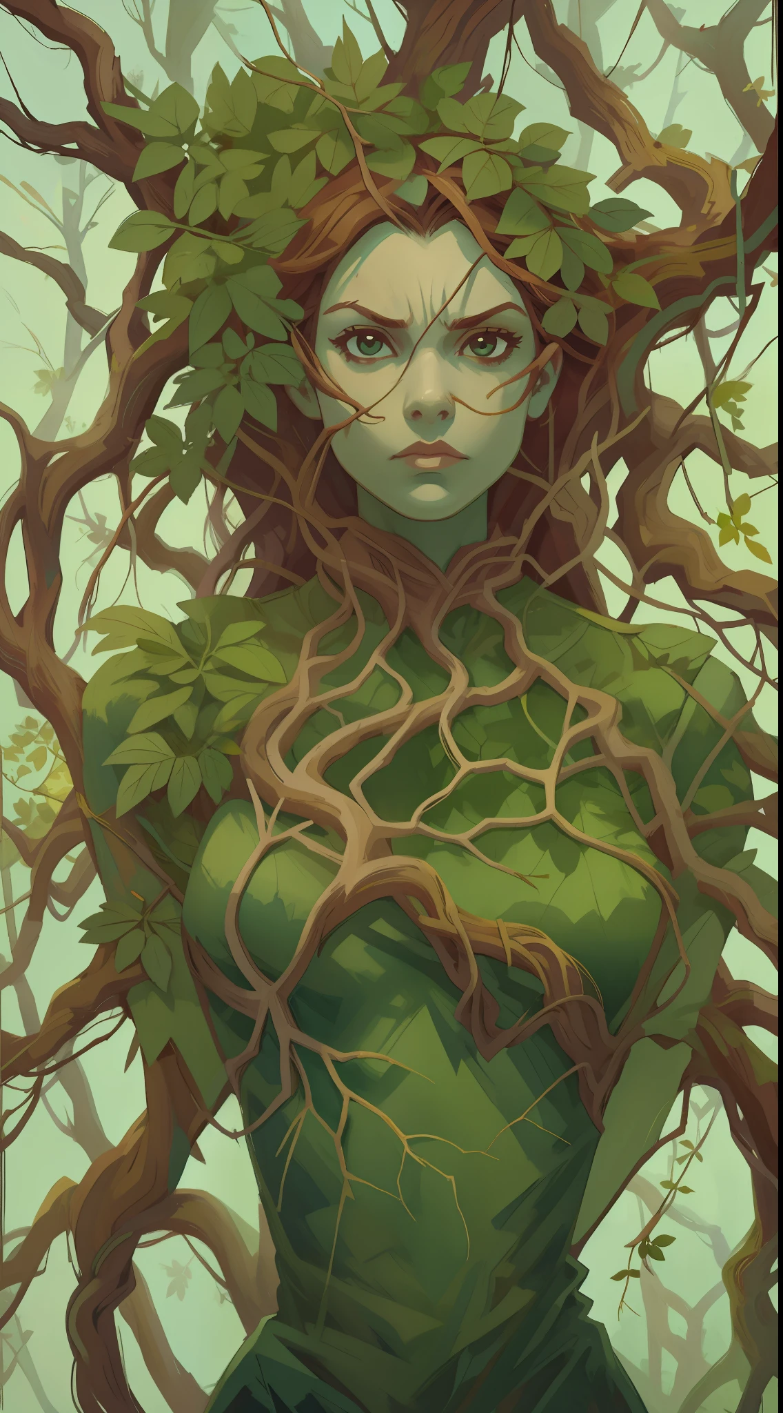 gouache painting portrait of a woman with furious face expression:1.5, full body:1.5, standing, high quality portrait, aesthetic portrait, poison ivy, envolved in roots, branches and foliage, solo:1.5, realistic natural skin, professional retouch, beautiful highly symmetric, misterious ambience, in RootsBranchesAI style, ZaUm, elysiumChar, 1girl, background with roots and branches