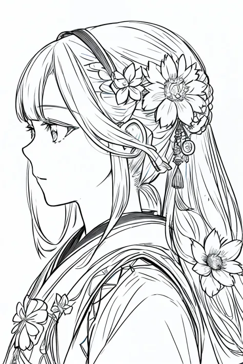 Masterpiece, Acura, 1girl, 独奏, Hanfu, Long hair, profile close-up view, Background for drawing a flower line, whitebackground, M...