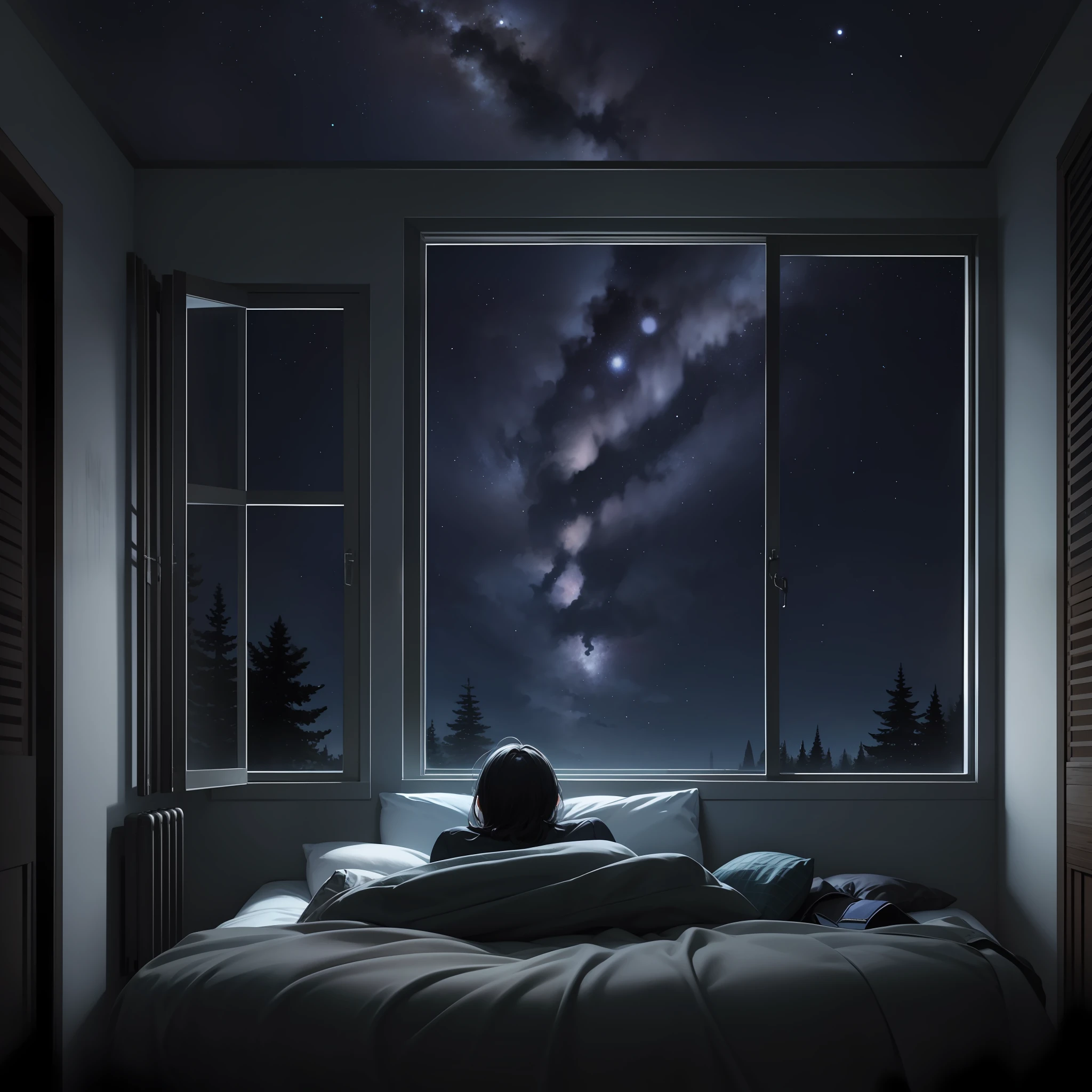 Vista arafeada de una persona acostada en la cama con una manta bajo el  cielo nocturno - SeaArt AI