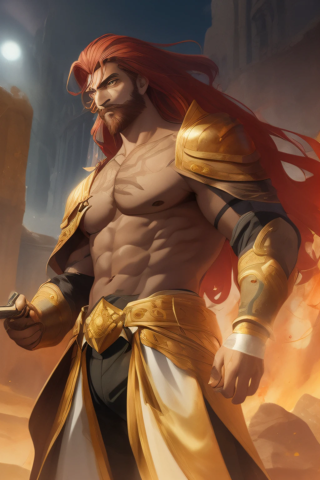 (Masterpiece artwork: 1.2), (best qualityer: 1.2), perfects eyes, face perfect, perfect  lighting, 1boy, mature man, long red hair, absurdly long red beard, steel armor, breastplate, Shin guard, pauldrons, gauntlets, fancy, outdoor detailed background