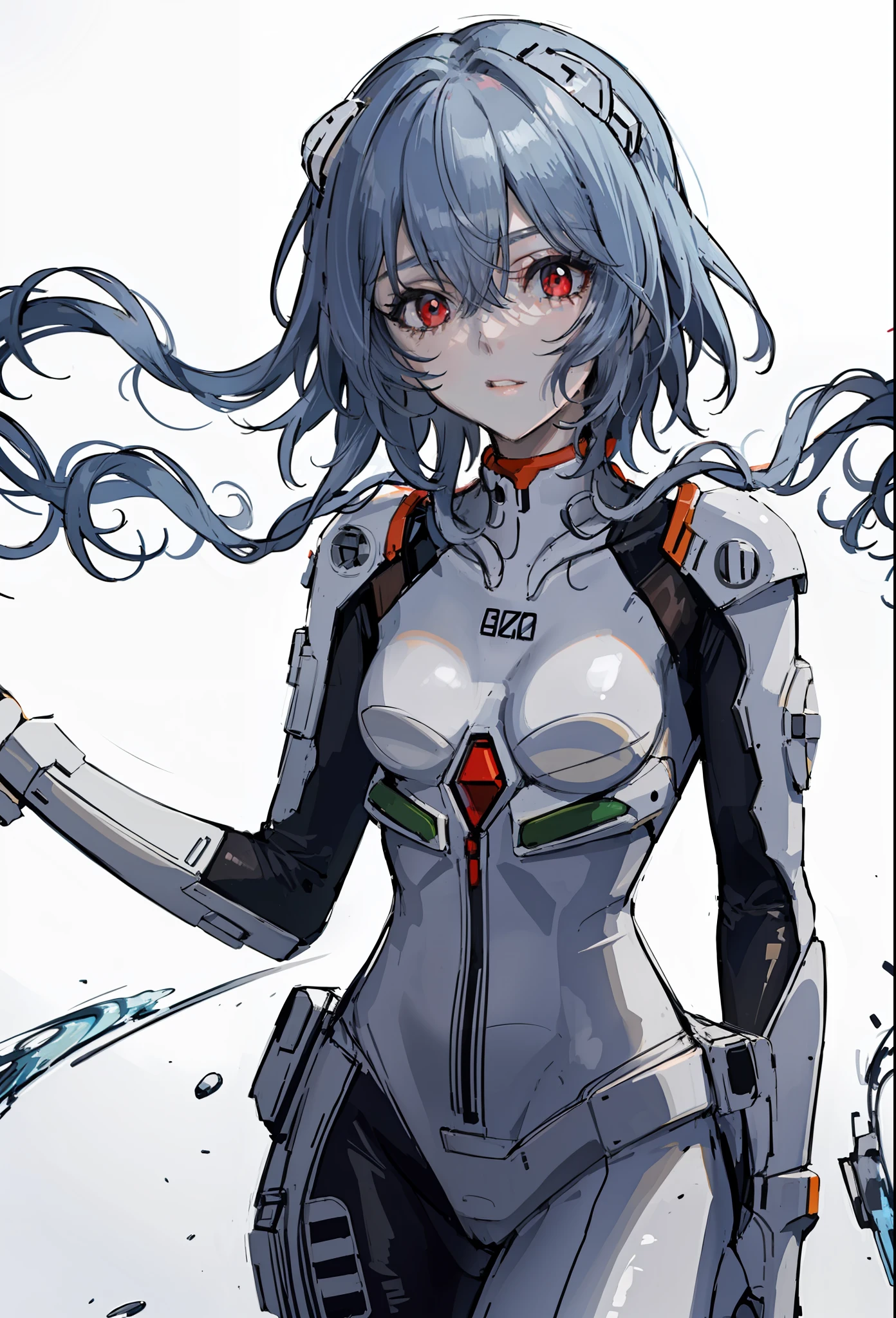 best quality,highly detailed,masterpiece,ultra-detailed,solo,1girl,(white background:1.5),(Delicate eyes),1girl, plugsuit, ayanami_rei, bodysuit, white_bodysuit, red_eyes, solo, apocalypse_background, red_background, pilot_suit, short_hair, blue_hair, bangs, interface_headset, turtleneck, hair_between_eyes, skinny, parted_lips, looking_at_viewer, small_breasts, upper_body,wariza (masterpiece, best quality:1.4), light painting, (long exposure:1.2),dynamic streaks, luminous trails, vibrant colors, fluid movement, captivating patterns, creative experimentation,(1girl),(highest detailed),(cowboy shot:1.2),dynamic pose,