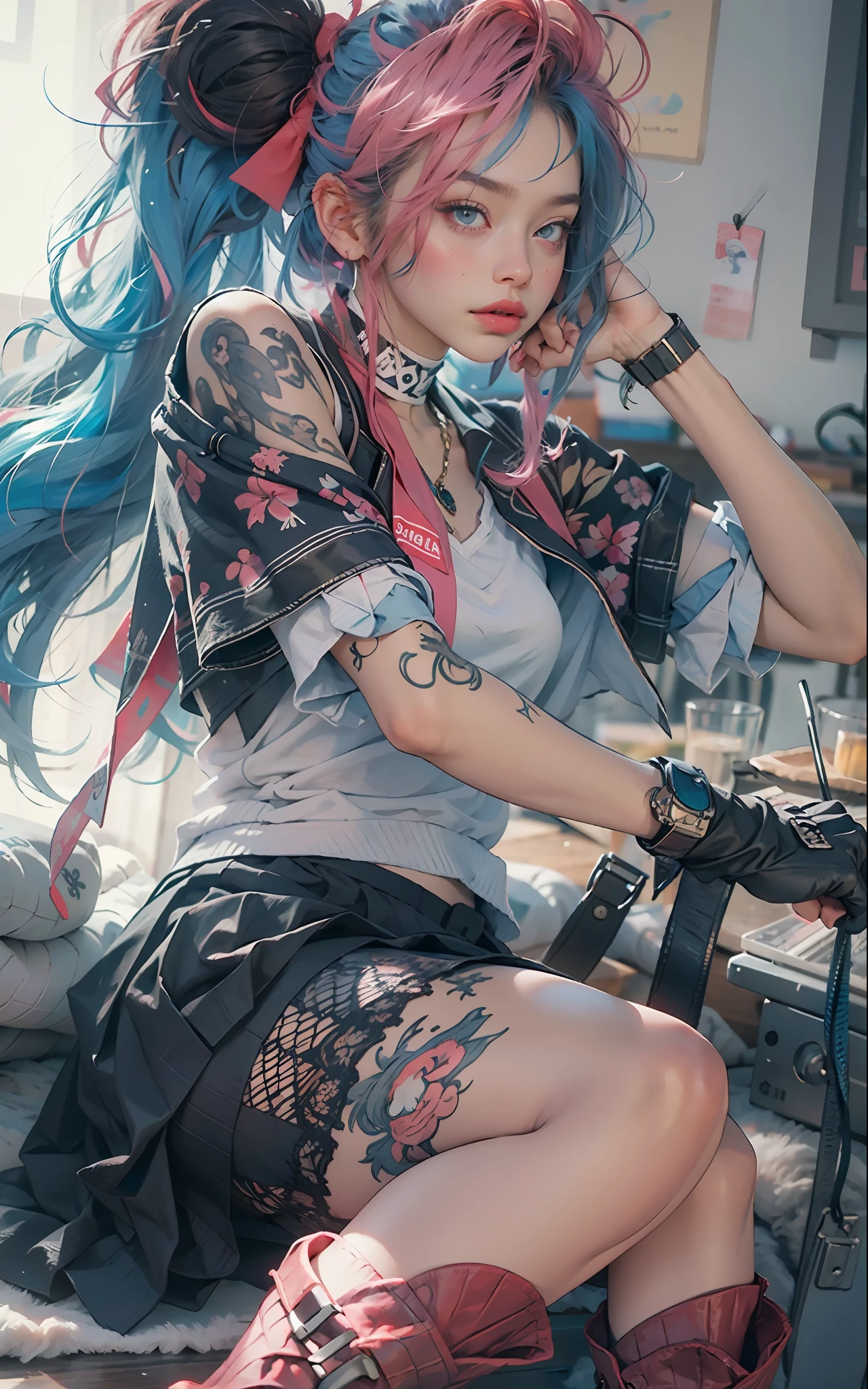 (masterpiece, best quality), 1girl, long hair, blue hair, white T-shirt, black vest, pink skirt, red scarf, tattoos, choker, pink riding boots, stockings, night
