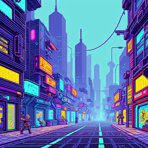 cyberpunk street, 2D, one side view, (pixel art), shops, roads and cars,