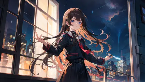 17-year-old anime girl，brunette color hair，long whitr hair，standing beside window，the night，starrysky，looking over city，Reach out and touch the window，Hold a long knife in your hand