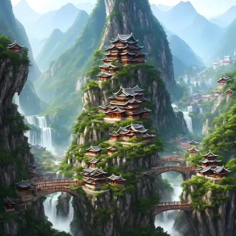 Draw a mountain village with waterfalls and bridges, dreamy Chinese towns, Chinese village, chengwei pan on artstation, cyberpunk chinese ancient castle, by Yang J, mountain fortress city, andreas rocha style, author：Qu Leilei, Detailed digital 2D fantasy ...