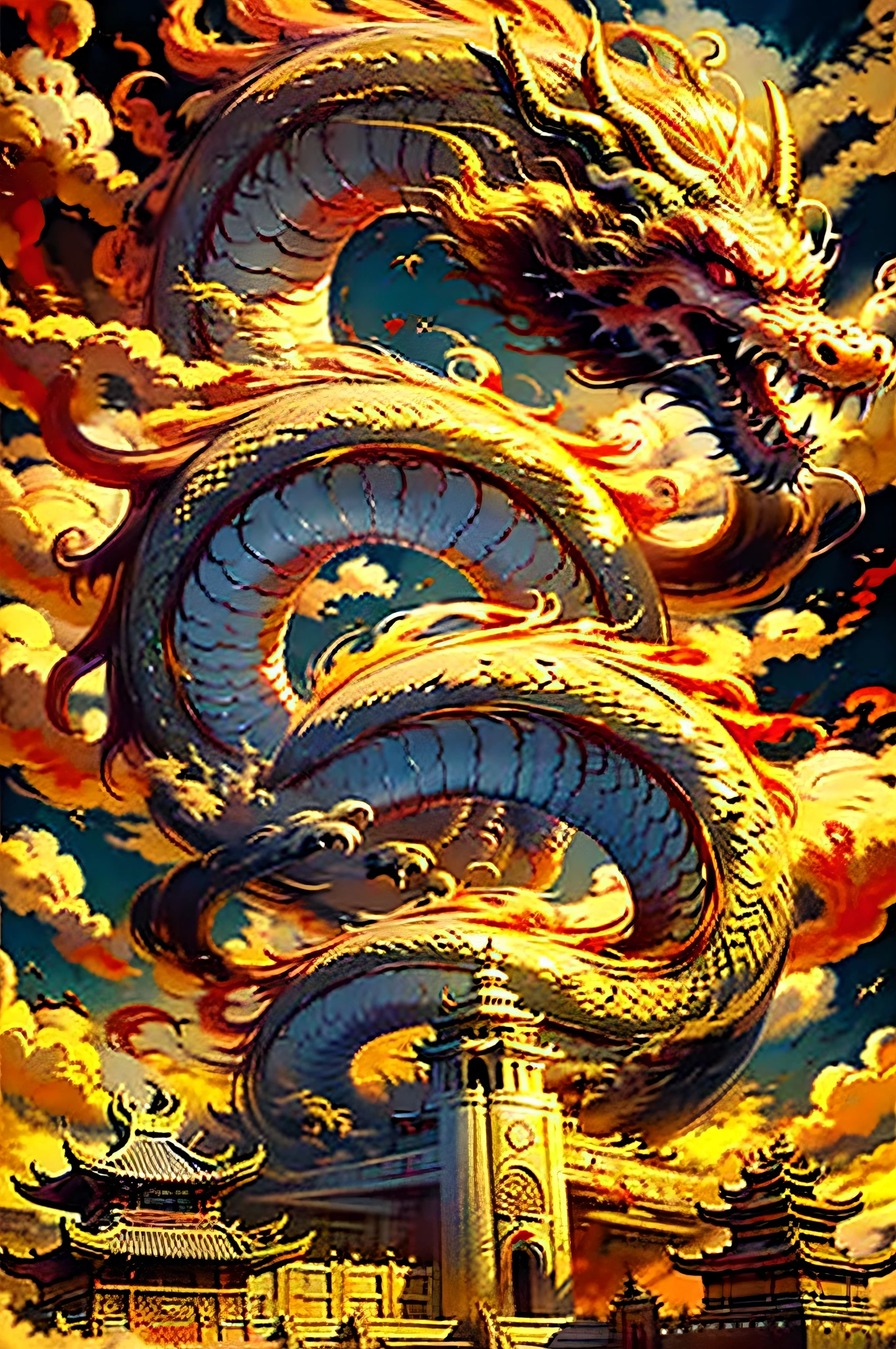 Best quality,masterpiece,ultra high res,nu no humans, (long:1.2),no humans, cloud, architecture, east asian architecture, red eyes, horns, open mouth, sky, fangs, eastern dragon, cloudy sky, teeth, flying, fire, bird, wings