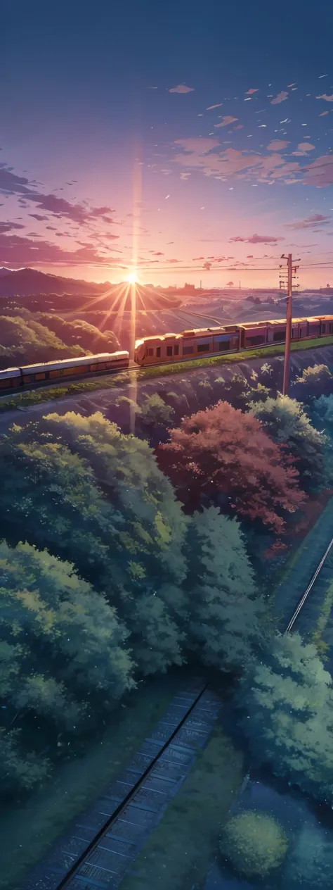 Anime yellow train crossing track in sky background, beautiful and harmonious scene, Japanese countryside , exquisite animation,...