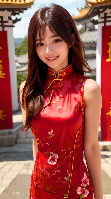1girl in、japanes、Beautiful person、Sleeveless Red Cheongsam(Sleeveless Red Cheongsam:1.5)、Watching the view、A smile(A smile:1.2)、...