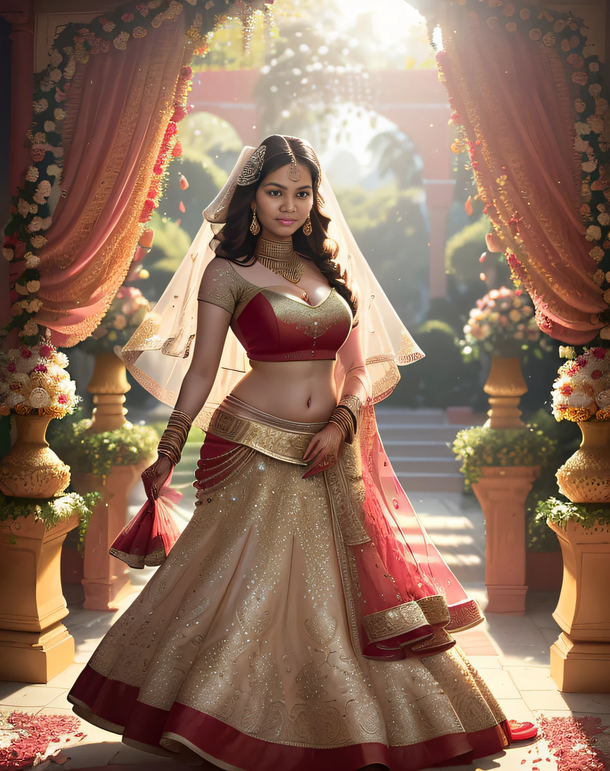 (masterpiece full length photography of a solo:1.2) alluring sexy tall curvy (18 yr old) Indian supermodel princess bride Ayesha Takia walking in (garden:1.3), (wearing stunning bridal red & gold lehenga & blouse:1.3). sheer dupatta, maximalism, (wedding flower decorations:1.3), (elegant cleavage & belly), (indian makeup & jewelry:1.2) long braided brown hair with highlights,, vivacious, lustful glance, exhilarated (beautiful detailed eyes:1.1) , (flirty bright smile:1.2), (intense dramatic afternoon light:1.4), backlit, key light, rim light, light rays, highly detailed, trending on artstation, paint splashes, rich color, abstract portrait, by Atey Ghailan