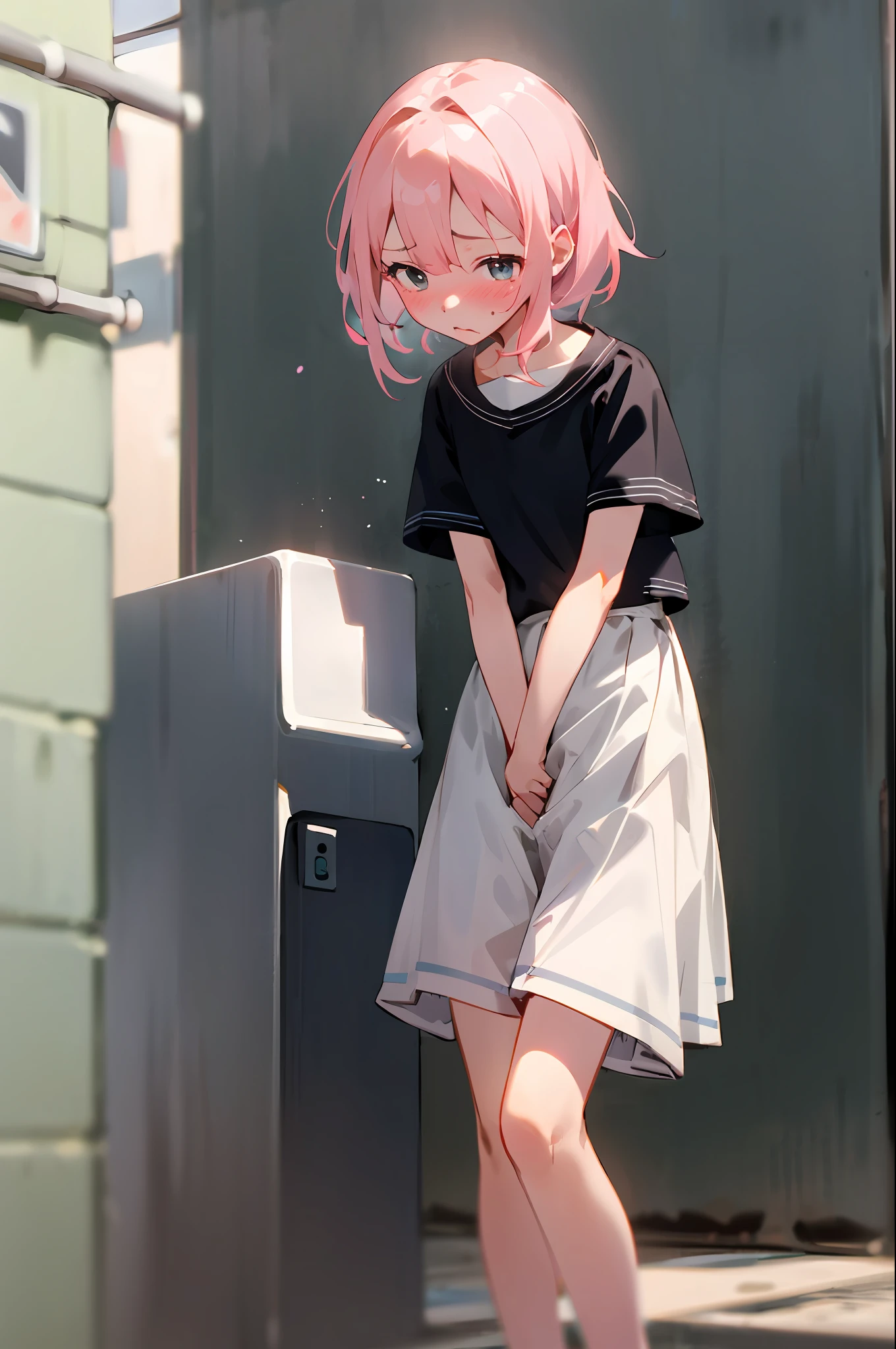 Cute pink hair、One girl in a cute dress、One girl takes to the bathroom、Look away、Standing、embarrassed from、Blushing、Keep your mouth shut、a street(Girl is peeing:2.2)、Mini skirt