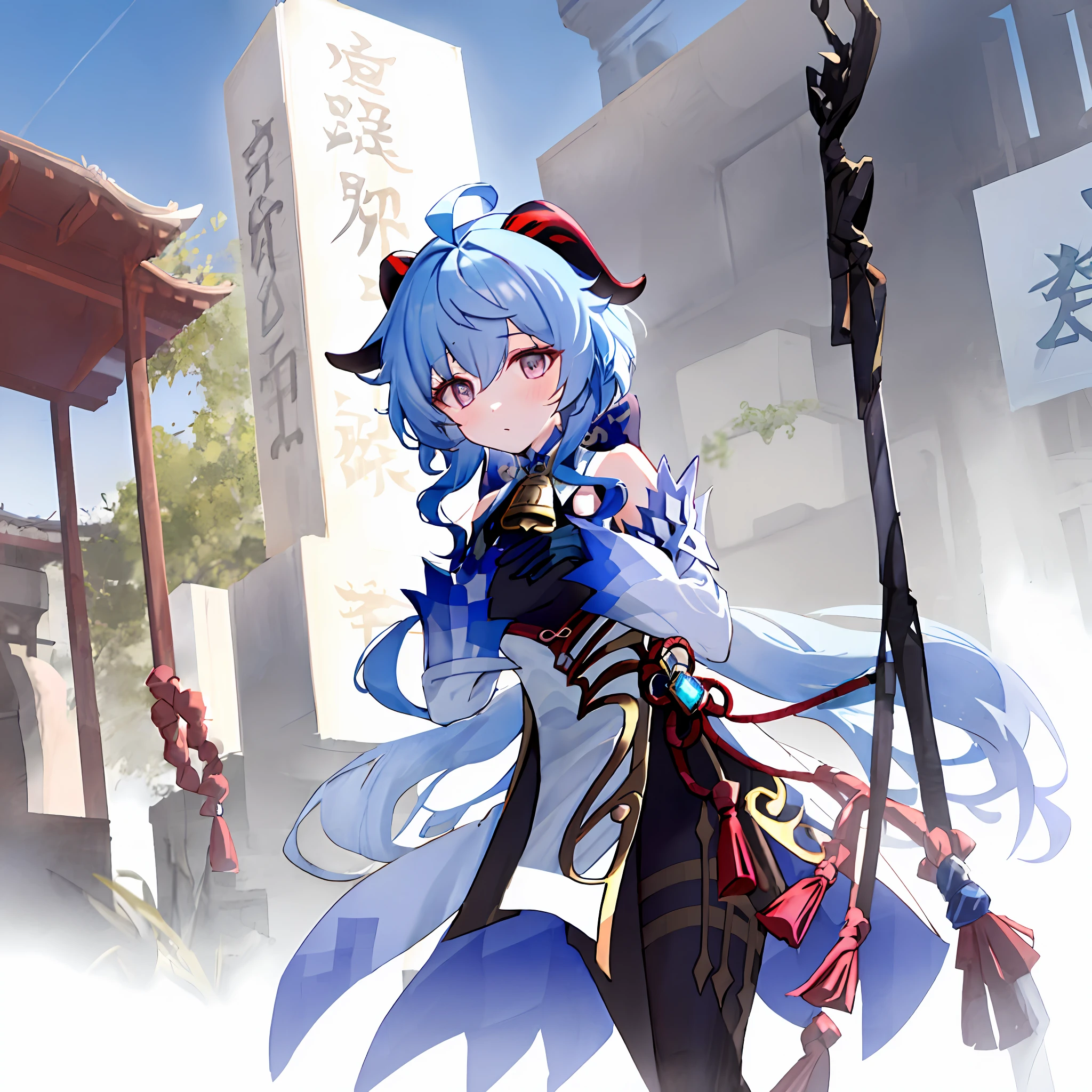 ganyu\(genshin impact\), 1girl, ahoge, architecture, bangs, bare shoulders, bell, black gloves, black tights, ((blue hair)), blush, breasts, chinese knot, sleeves, East Asian architecture, flower knot, gloves, long hair, looking at the audience, mid-chest, neckbell, night, outdoors, pantyhose, purple eyes, sideburns, solo, tassels, white sleeves, ((masterpiece))
