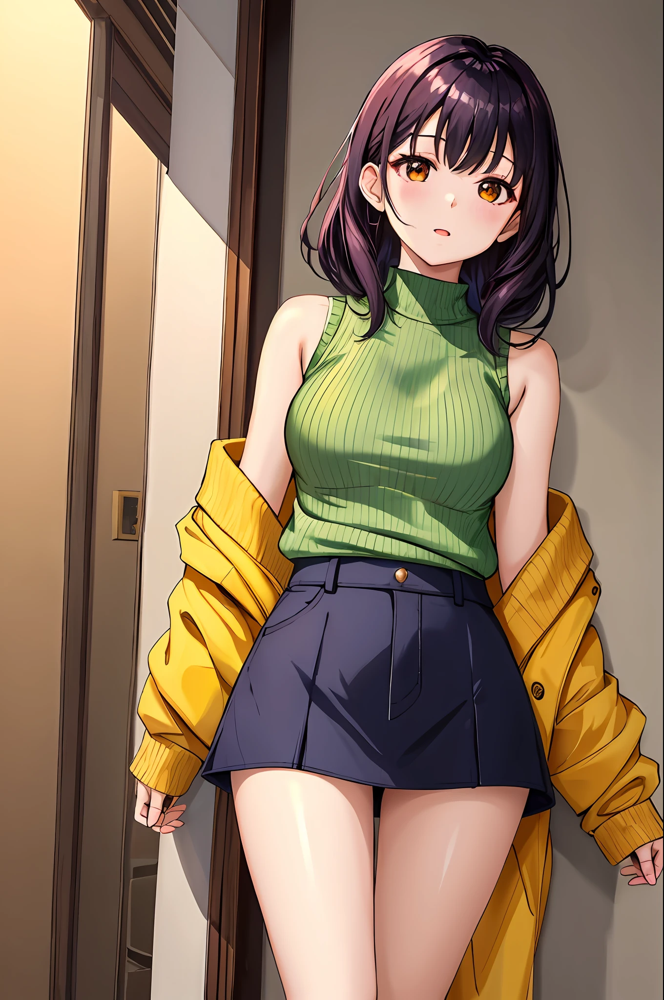 woman， 1girll， 独奏， Medium breasts， upper legs， neon palette， High-neck sleeveless sweater， hason， Sweaters， 1girll， 详细的脸， Hang in the back， illustrated， TTPT-FC ，