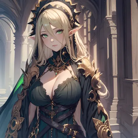 masterpiece, best quality, 1woman, adult, female focus, solo, blonde hair, long hair, vibrant green eyes, looking at viewer, closed mouth, Fantasy aesthetics, Highly detailed, shadowverse style, black necromancer outfit, thick thigh, big breast, thick, ear...