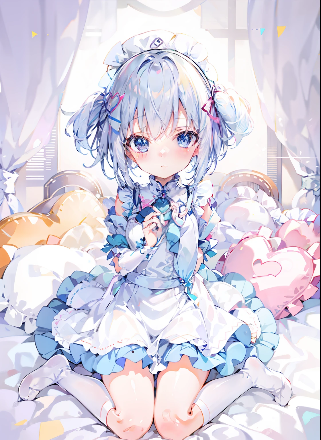 Anime girl sitting on bed，There were teddy bears and stuffed animals, Cute anime girl, Soft anime illustration, Splash art anime Loli, small curvaceous loli, anime moe art style, loli in dress, anime girl in a maid costume, anime visual of a cute girl, Cute anime, small loli girl, cute anime waifu in a nice dress，Wear white silk --auto