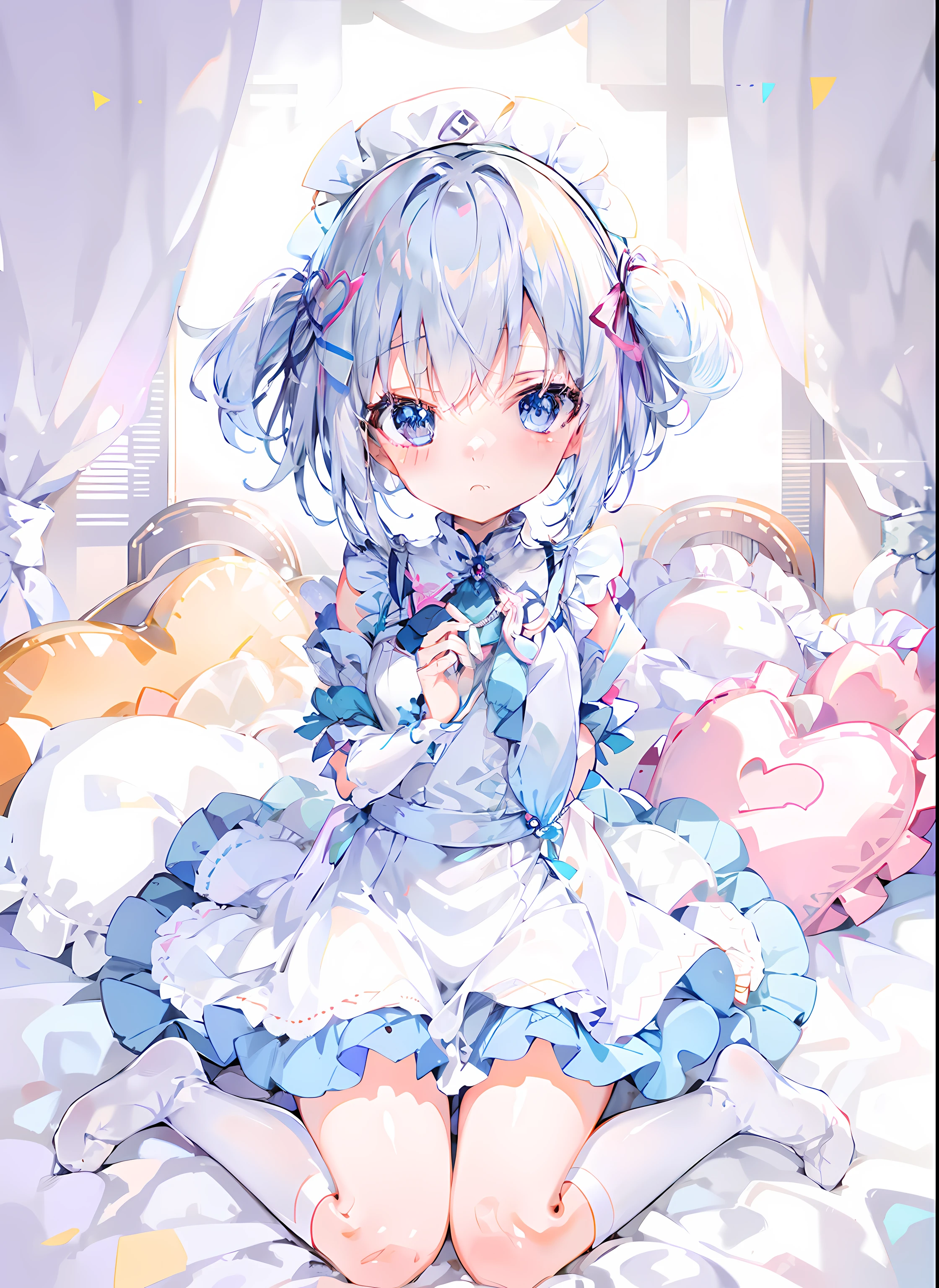 Anime girl sitting on bed，There were teddy bears and stuffed animals, Cute anime girl, Soft anime illustration, Splash art anime Loli, small curvaceous loli, anime moe art style, loli in dress, anime girl in a maid costume, anime visual of a cute girl, Cute anime, small loli girl, cute anime waifu in a nice dress，Wear white silk --auto