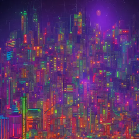 Draw a night view of a futuristic city with digital neon lights。Stick to colors and designs that express the energy and vibrancy...