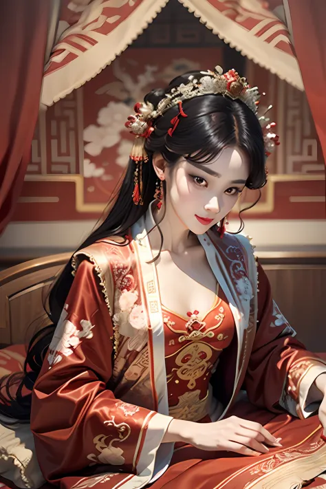 (Best quality: 1.1), (Realistic: 1.1), (Photography: 1.1), (highly details: 1.1), A man wears a red and gold dress，Woman with a crown on her head, A hair stick, (sitting on red bed), Blushing, Shy, black_Hair, crown, Looking down, (2 red candles), Chinese_...