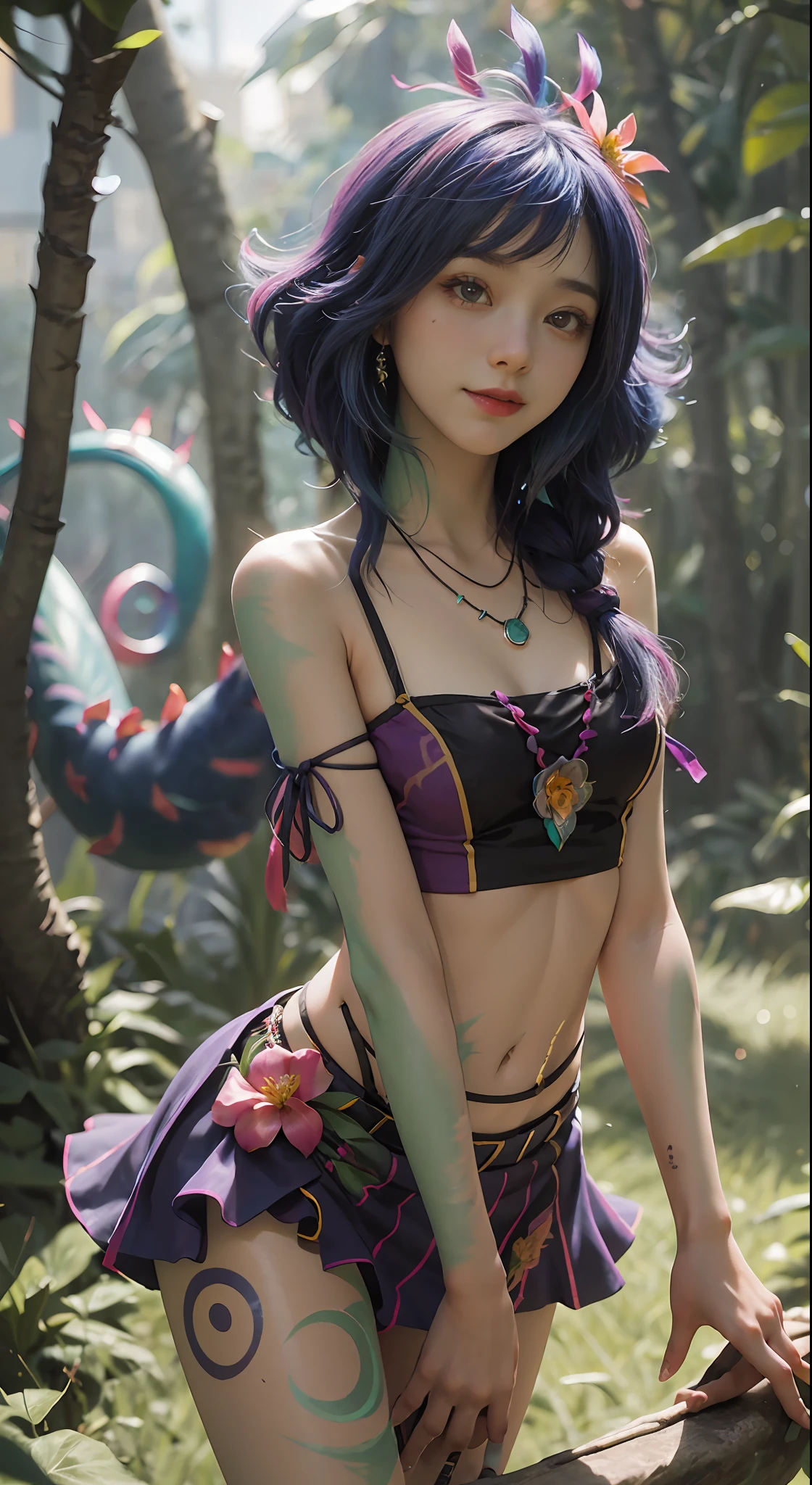best illustration, illustration, bright colors, masterpiece, best quality, ridiculous, night, jungle, blurred background, 1 girl, beautiful face, blue and purple hair, detailed eyes, looking at the audience, opposite, sexy, crawling on grass, front, full body, neeko, face markers, hair accessory, flower hair, necklace, lizard tail, multicolored skin, body painting, short skirt, opal color, smile, side light, movie lighting, nvidia rendering
