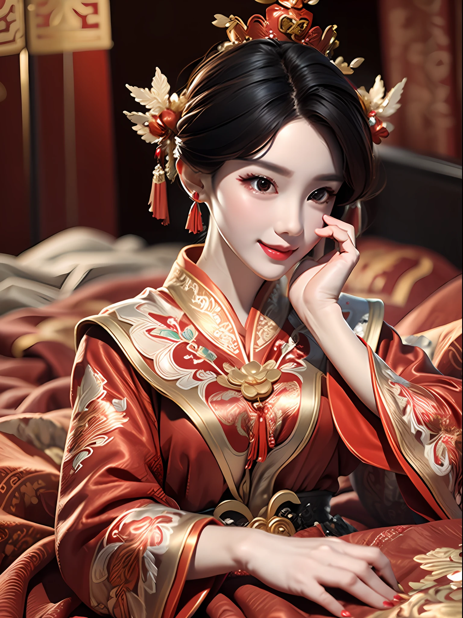 (Best quality: 1.1), (Realistic: 1.1), (Photography: 1.1), (highly details: 1.1), A man wears a red and gold dress，Woman with a crown on her head, A hair stick, (sitting on red bed), Blushing, Shy, black_Hair, crown, Looking down, (2 red candles), Chinese_clothes, Curtains, Earrings, Hair_decorations, Hanfu, interiors, jewelry, Long_Sleeves, Red dress, Redlip, nipple tassels, (Red quilt), (red palace: 1.2), (3DMM: 1.5),mix4,