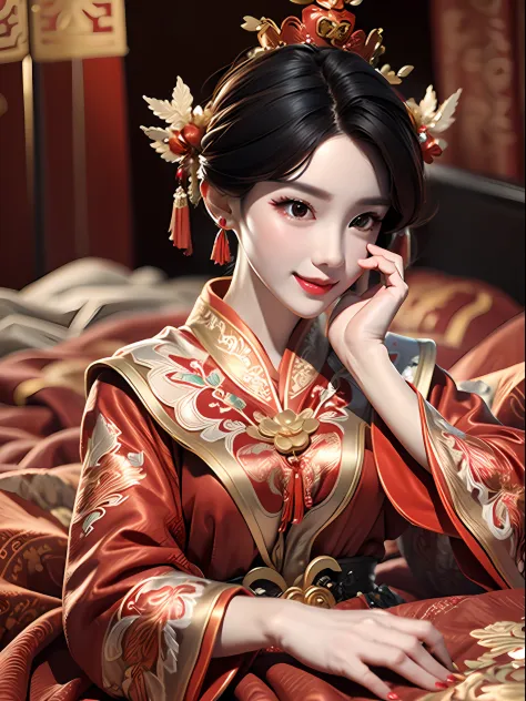 (Best quality: 1.1), (Realistic: 1.1), (Photography: 1.1), (highly details: 1.1), A man wears a red and gold dress，Woman with a crown on her head, A hair stick, (sitting on red bed), Blushing, Shy, black_Hair, crown, Looking down, (2 red candles), Chinese_...