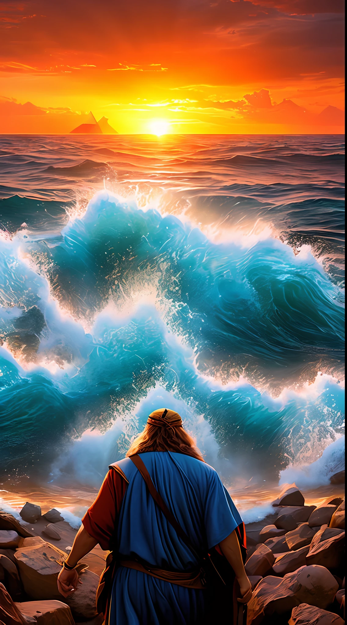 Высокое разрешение, ультрареалистичное изображение Моисея, разделяющего Красное море для израильтян. Моисей стоит перед морем, держит свой посох. Море расстается, образуя две стены воды. Израильтяне идут посреди моря, к . Египетская армия находится позади израильтян, но оказалась в ловушке между водными стенами.. Солнце садится за горизонт, и небо заполнено красными и оранжевыми облаками.