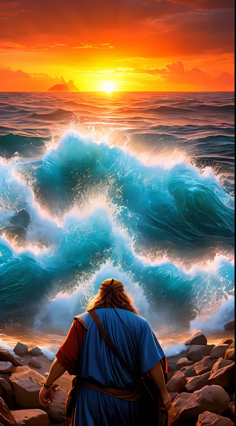 A high-definition, ultra-realistic image of Moses parting the Red Sea for the Israelites. Moses is standing in front of the sea,...