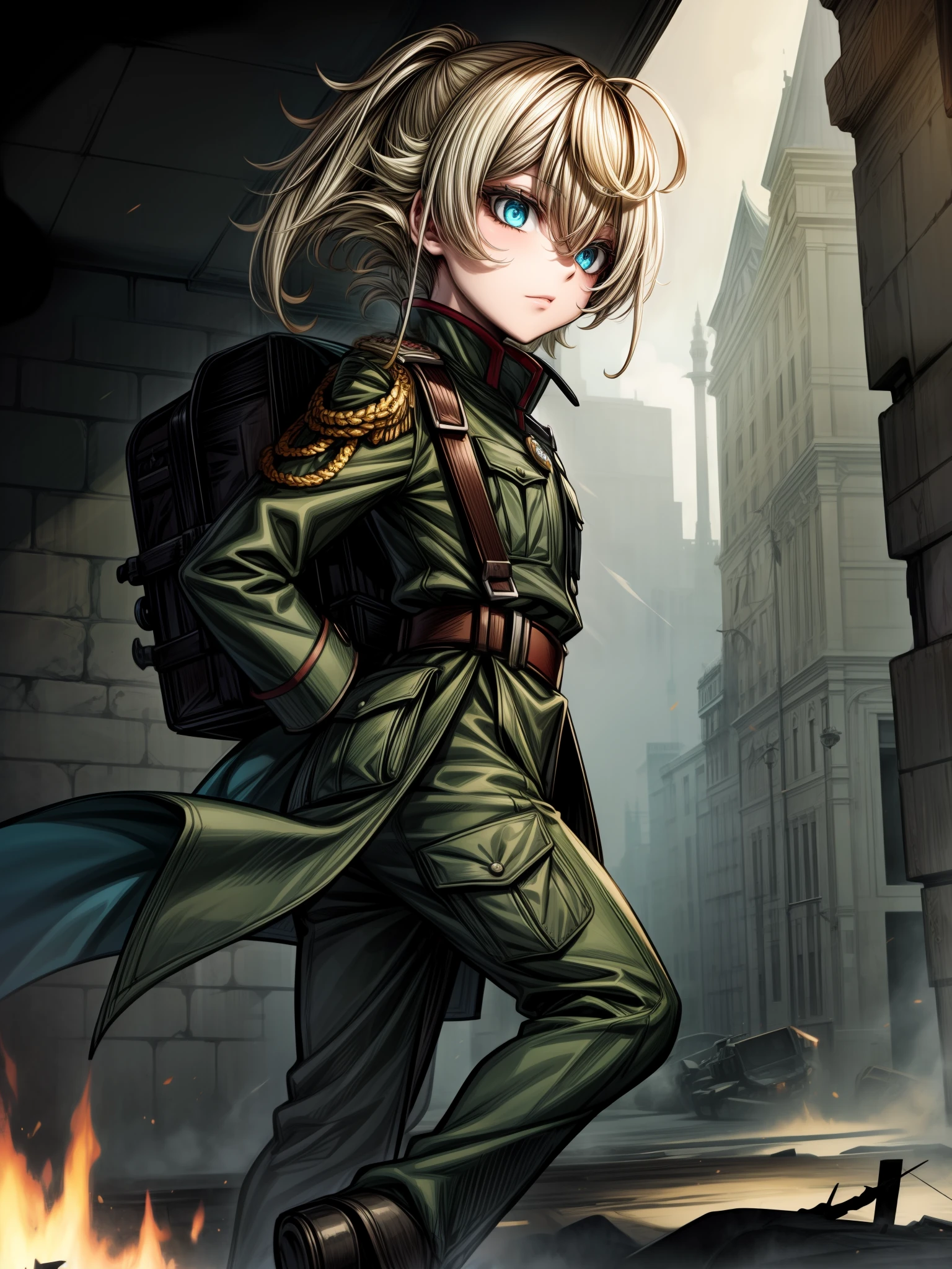 Tanya Degurechaff, Uniforme militar, baixa estatura, psychotic eyes, destroyed scenery, side view