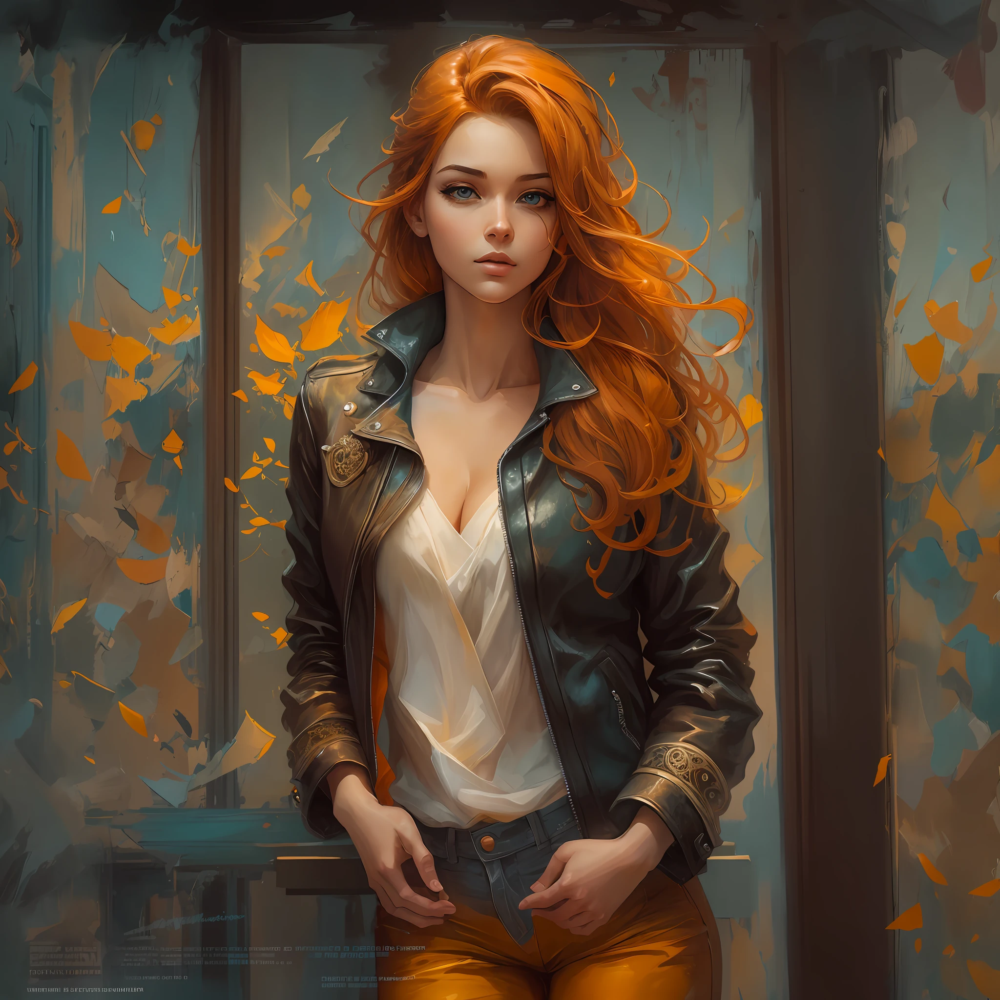 rendering, half body portrait of a young woman, 20 year. beautiful realistic eyes; fantastic face, caucasiana, beautifull look, leather jacket, orange hair, orange eyes, Michael Garmash, Daniel F Gerhartz, Storybook style, warm dreamy lighting, White background, Volumetric lighting, pulp adventure style, fluid acrylic, dynamic gradients, vivid color, illustration, vector curves highly detailed, Simpler, smooth ass e limpo, vectorial art, smooth ass, Johan Grenier, character  design, 3d shadowing, cinemactic, ornate patterns, elegant organic framing, hyper- realism, posterized, collection of masterpieces, vivid colors exuberant, Twilight, wet gouache