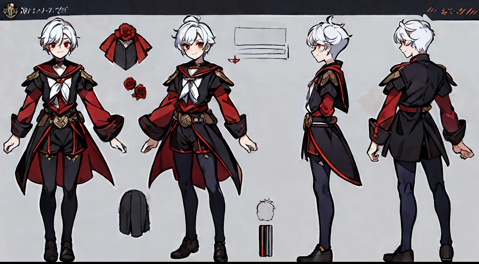 ((masterpiece)),(((best quality))),(character design sheet,same character,front,side,back), 1boy, solo, short white hair, red eyes, masterpiece, best quality, looking at around, full body, 150cm tall, detailed, smiling, black sailor outfit with short shorts, red rose as accessory, charturnbetalora, concept art, character concept art, character sketch, reference sheet, character sheet, (simple background, white background: 1.3)