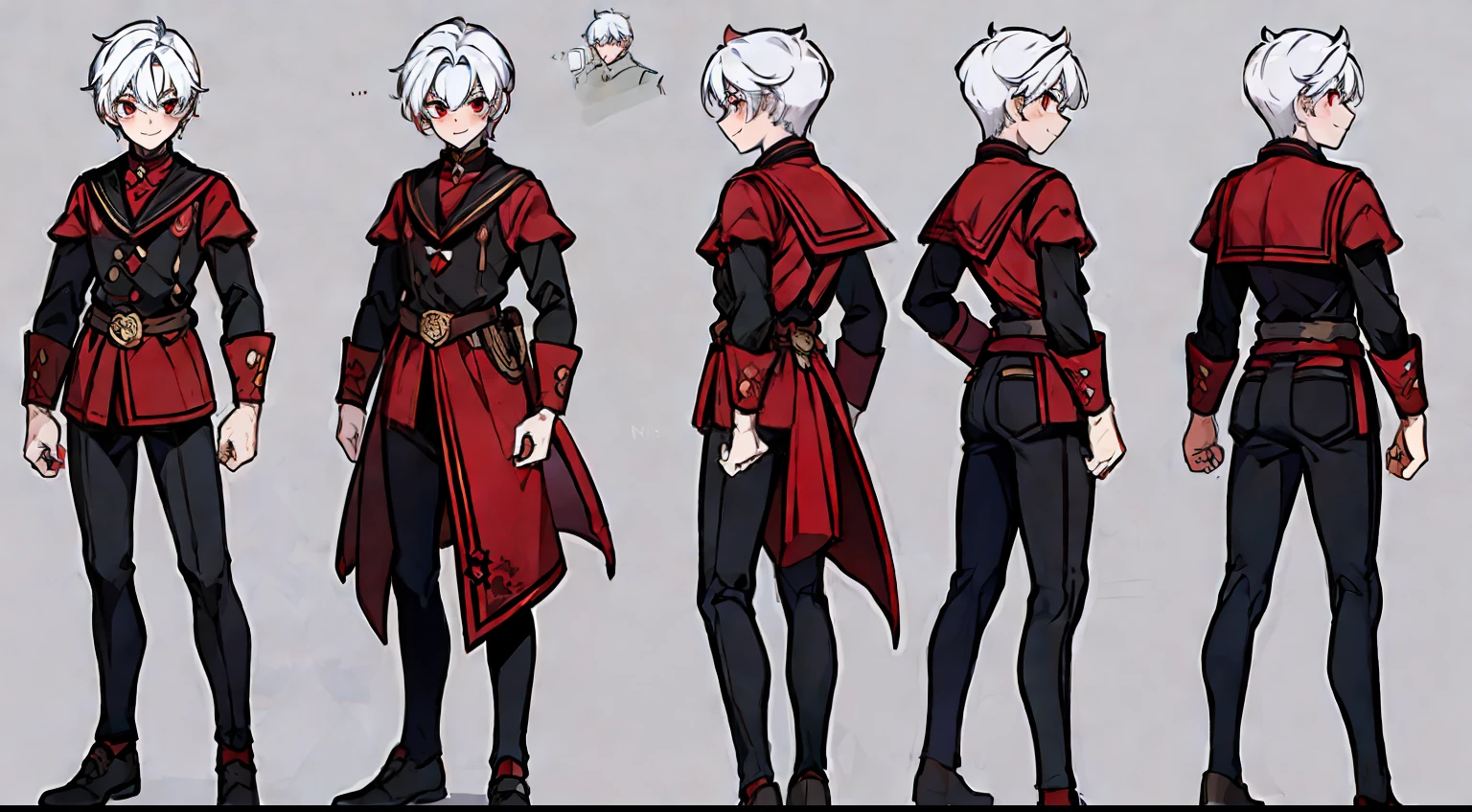 ((masterpiece)),(((best quality))),(character design sheet,same character,front,side,back), 1boy, solo, short white hair, red eyes, masterpiece, best quality, looking at around, full body, 150cm tall, detailed, smiling, black sailor outfit with short shorts, red rose as accessory, charturnbetalora, concept art, character concept art, character sketch, reference sheet, character sheet, (simple background, white background: 1.3)