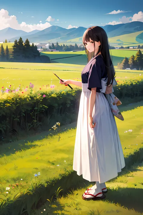 Japan Two-dimensional Painter，Modern Japanese girl，a white long skirt，Long straight brown hair，hilltop，early evening，grassy fields
