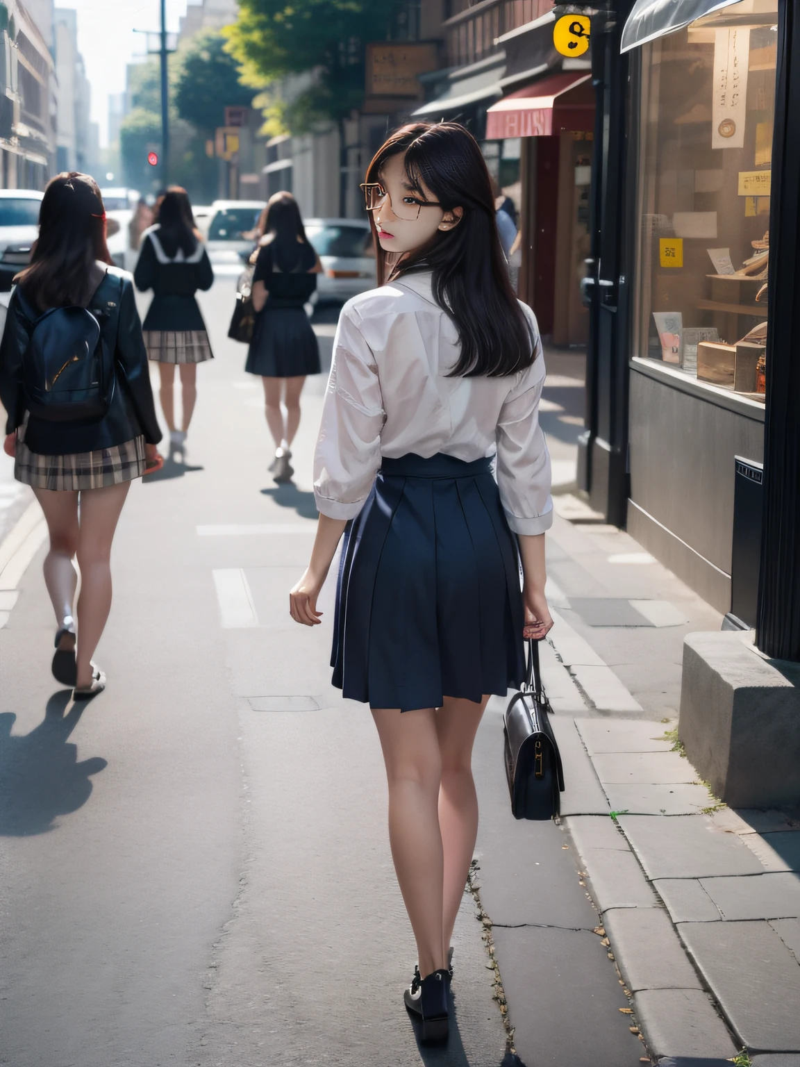 street snap,Group of schoolgirls,eye glasses,Walking,posterior view,Beautiful Girls,a beauty girl,