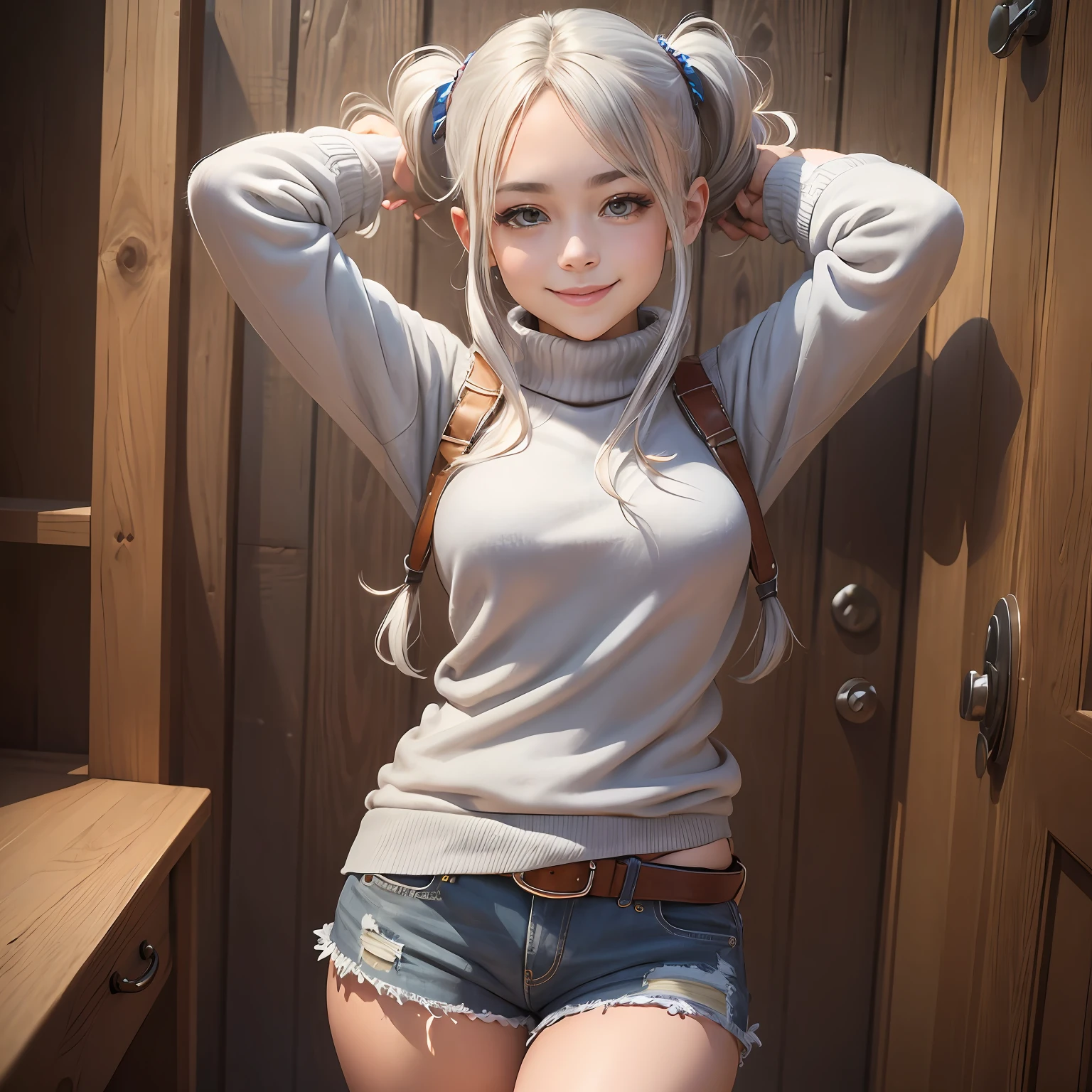 (masterpiece, best quality:1.2), cowboy shot, solo, 1girl, kojosweater, smile, looking at viewer, arms behind head, twintails, grey sweater, lowcut virgin killer sweater, cable knit, ,denim shorts,nsfw --auto
