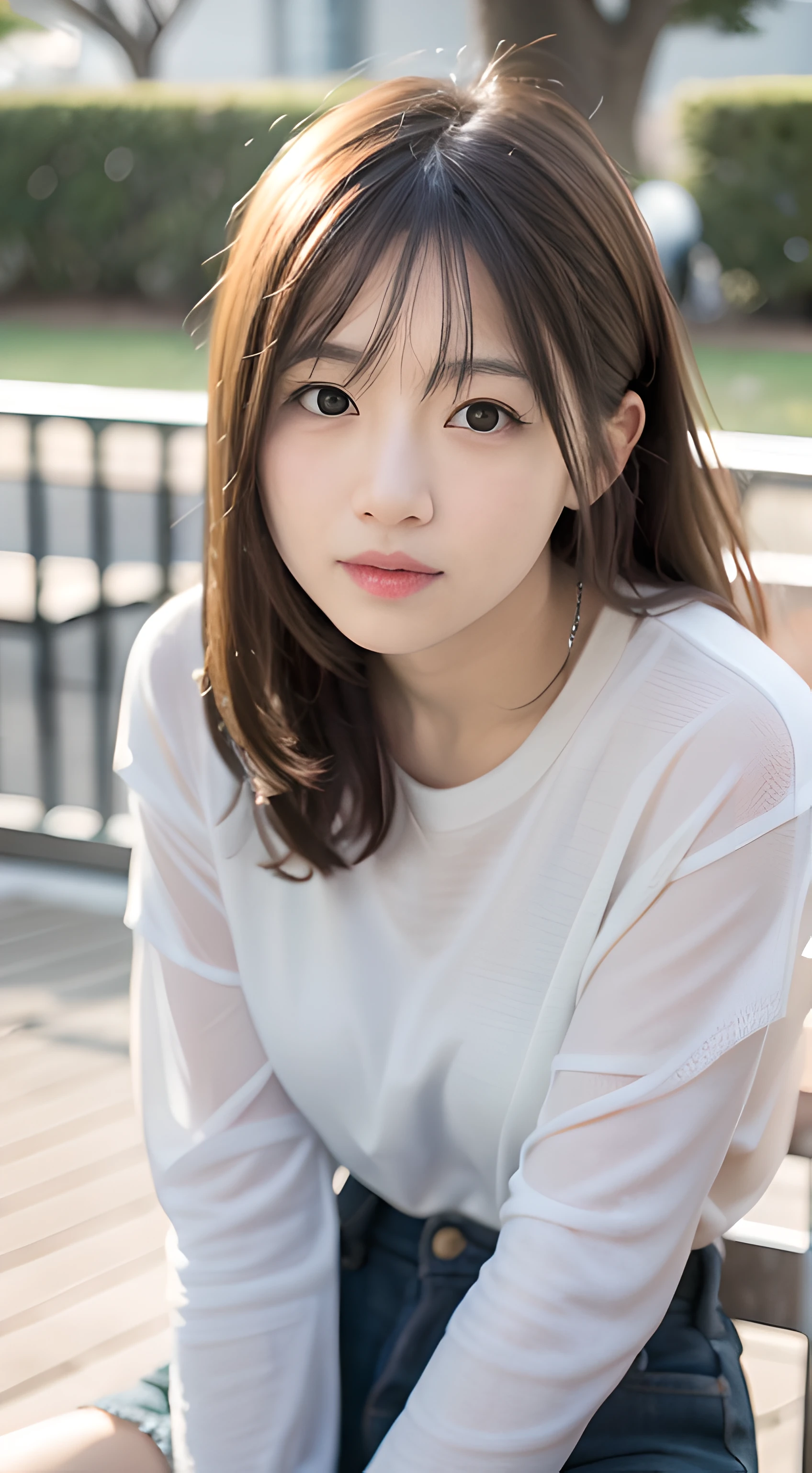 mélanger4, 20 jours, seulement, Long_cheveux, Nanase Nishino, Haruka Kaki, parc, banc, assise, (8k, Photographie RAW, Meilleure qualité, chef-d&#39;œuvre:1.2), (Réaliste, Photoréaliste: 1.37), Éclairage professionnel, cartographie des photons, Ville Radio, rendu basé sur la physique