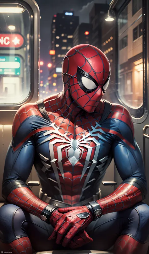 "((best quality)), ((masterpiece)), ((realistic)), Realistic, ultra-detailed portrait of Spider-Man sitting alone on a train during the night, in a cinematic environment, with atmospheric, low-key lighting, created in a high-definition, detailed digital pa...